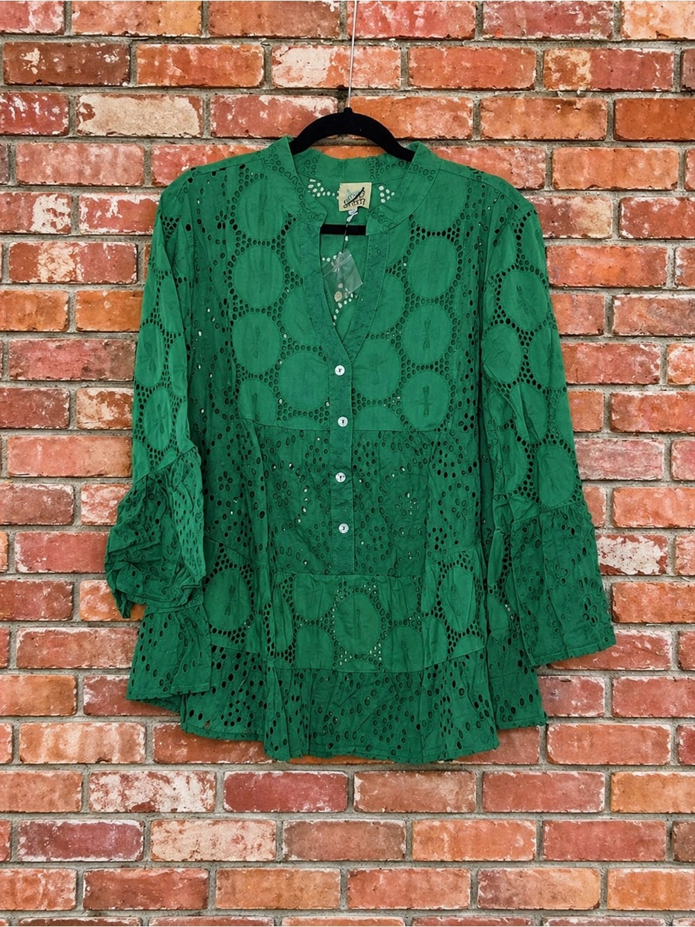 Jaded Gypsy Kelly Green Eyelet Boho Top Tiered Ruffle Blouse Size L/XL